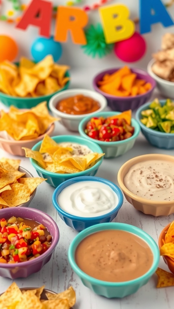 A colorful display of various chips and dips on a party table.
